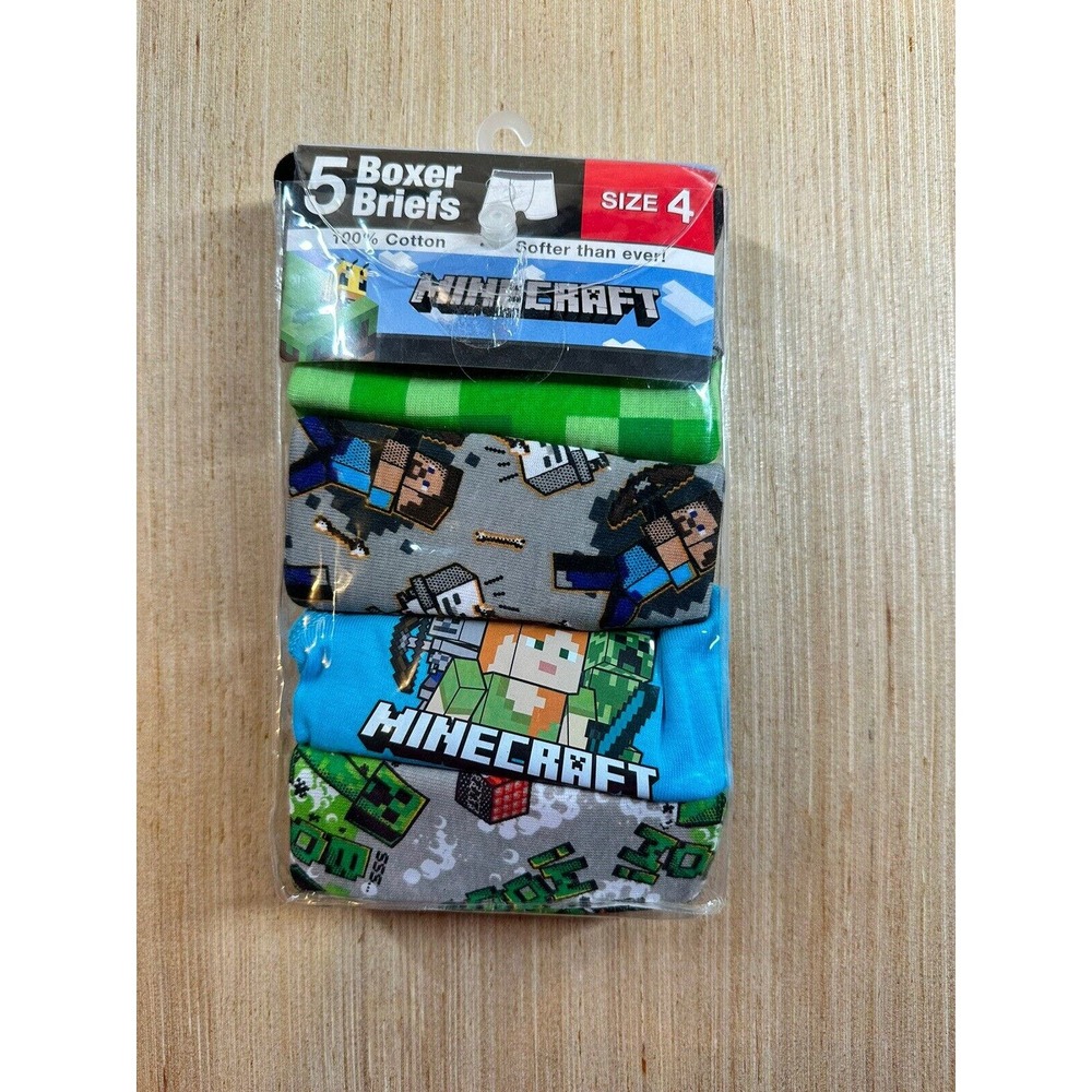 Minecraft 5 Pack Boxer Briefs Boys 4 100% Cotton Green Colors